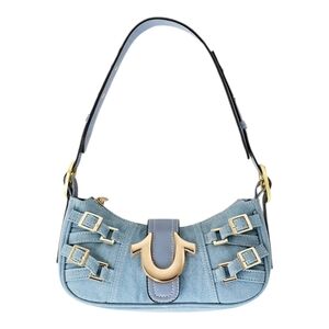True Religion Denim Shoulder Bag Women Light Blue Cotton Gold Buckle Small Purse